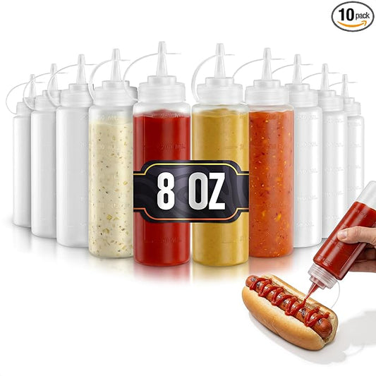 10-Pack Plastic Condiment Squeeze Bottles 8 oz – Refillable Leak-Resistant Squirt Bottles with Narrow Tip | Great for Oil, Sauces, Ketchup, Mayonnaise, Syrup, Dressing, BBQ, & Pantry Organization