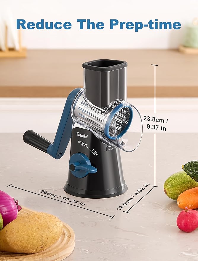 Geedel Rotary Cheese Grater Cheese Shredder - Upgraded 5-in-1 Cheese Grater with Handle and Strong Suction Base, Multi-purpose Vegetable Slicer Ice Shaver Nuts Grinder for Ice, Vegetables, Fruit, Nuts