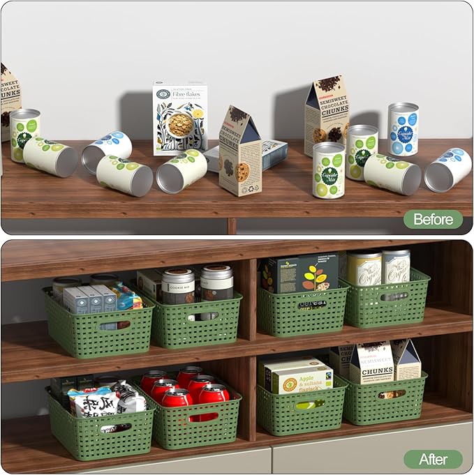 6 Packs Plastic Organizer Shelf Baskets, Desktop Weave Storage Basket, Green Storage Baskets for Cabinet, Pantry