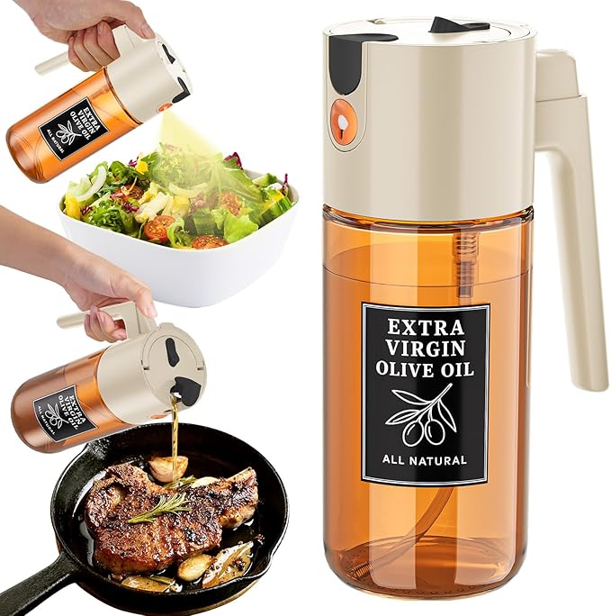 500ml Beige Glass Oil Sprayer, Fine Mist Spray Bottle for Baking, Salad, Air Fryer, Light Cooking, Refillable 2-in-1 Oil Dispenser