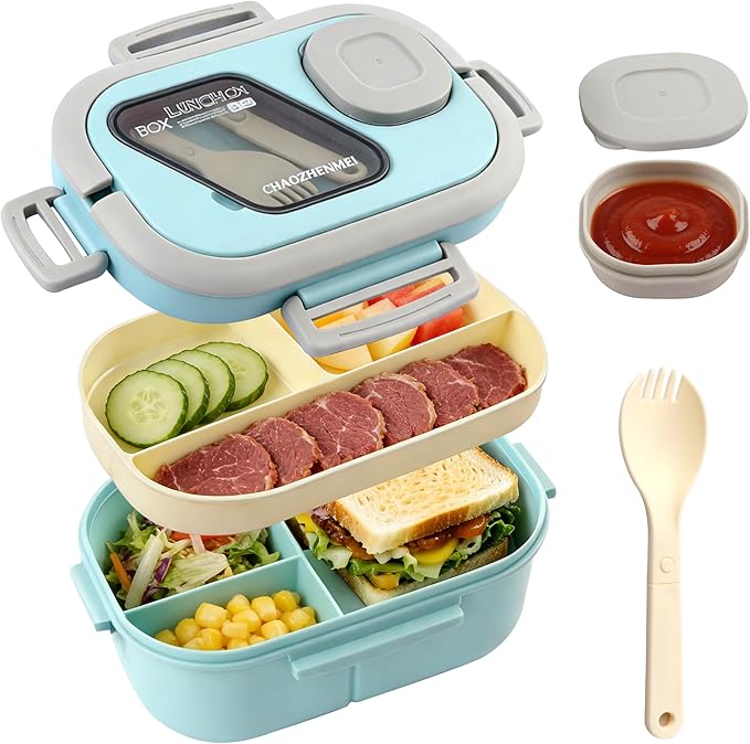 Adults Bento Lunch Box,Salad Container Large 43oz Salad Bowl, Bento-Style Tray for Toppings, 3oz Sauce Container for Dressings