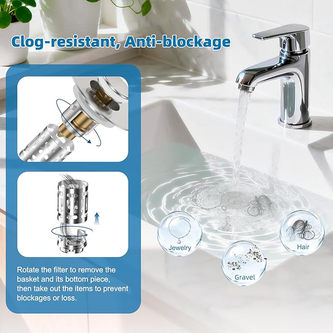 Hibbent 2 Pack Universal Bathroom Sink Drain Strainer, 3 in 1 Pop Up Stopper, Removable Stainless Steel Filter Basket, Brass Bullet Core