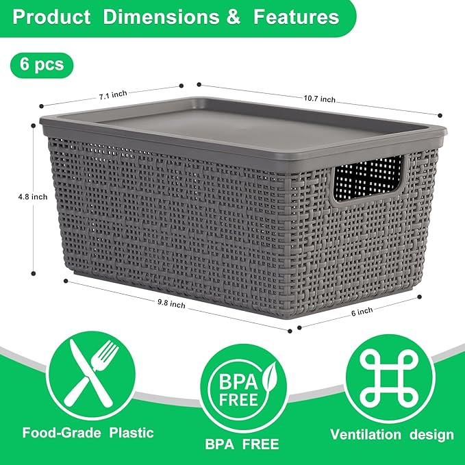 6 Pack Plastic Storage Baskets With Lids, Grey Breathable Stackable Storage Bins