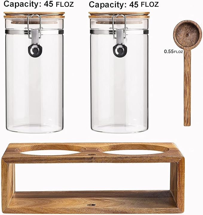 Yangbaga Glass Coffee Container with Wooden Shelf,2×45OZ Coffee and Sugar Container Set,Coffee Canisters with Airtight Lids and Scoop,Large Capacity Food Storage Jars for Coffee Beans,Nuts,Tea,Sugar