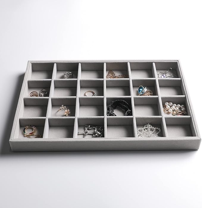 Frebeauty Stackable Velvet Jewelry Organizer Trays for Drawers Inserts Jewelry Storage Tray Display Case, Stud Earrings Bracelets Necklace Rings Trays for Women Girls(Set of 2)(Grey)