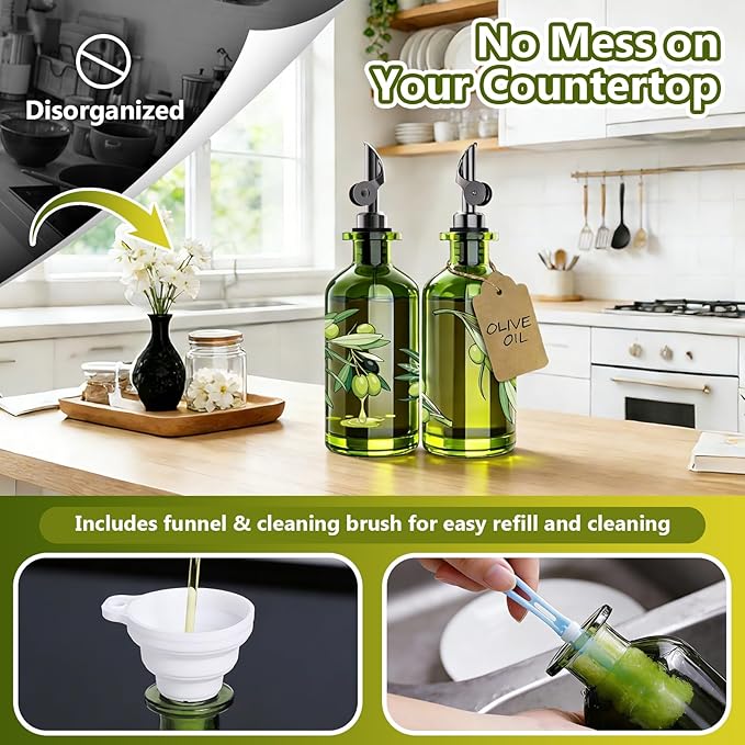 Olive Oil Dispenser Bottle for Kitchen, 12oz/350ml Extra Thick Glass Oil and Vinegar Cruet with Stainless Steel Pourer, Funnel & Cleaning Brush, Premium Oil Dispenser Set (Olive)