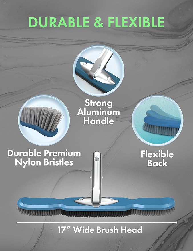 KEMANO Heavy Duty Pool Brush Head, Premium Nylon Bristles Non-Abrasive Cleaning, Reinforced Aluminum Frame, Ideal for Pool Walls, Steps, Corners, Above Ground & Inground Swimming Pool Cleaning Tools