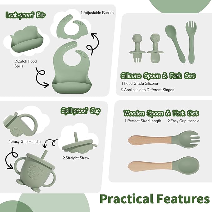 Baby Led Weaning Supplies, 17 Piece BPA-Free Silicone Feeding Set, Eating Essentials Baby Utensils with Suction Plate and Bowl, Pocket Bib