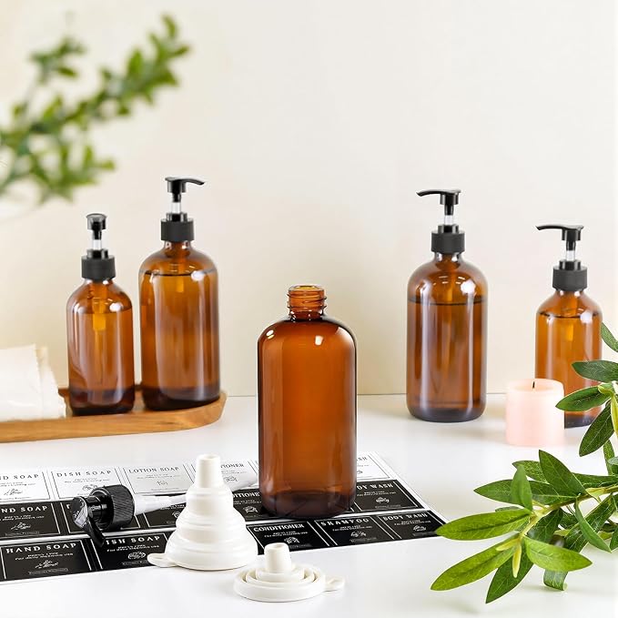 TBWIND 12 Pack Amber Glass Bottles 16oz with Pump Dispensers, Refillable Empty Pump Bottles for Bathroom, Kitchen, Shampoo, Soap, Lotion – Includes 2 Funnels & 12 Labels