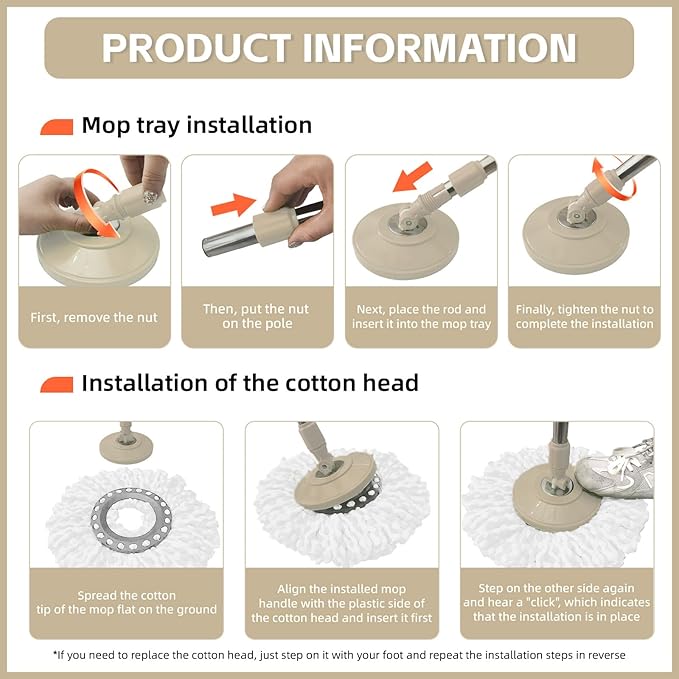 Spin Mop Replacement Handle, 47.6-inch 360 Degrees Rotating Telescopic Replacement Mop Stick with Robust Reinforced Plastic Disc for Spin Mop Bucket Cleaning System (Plastic Disc,Khaki)