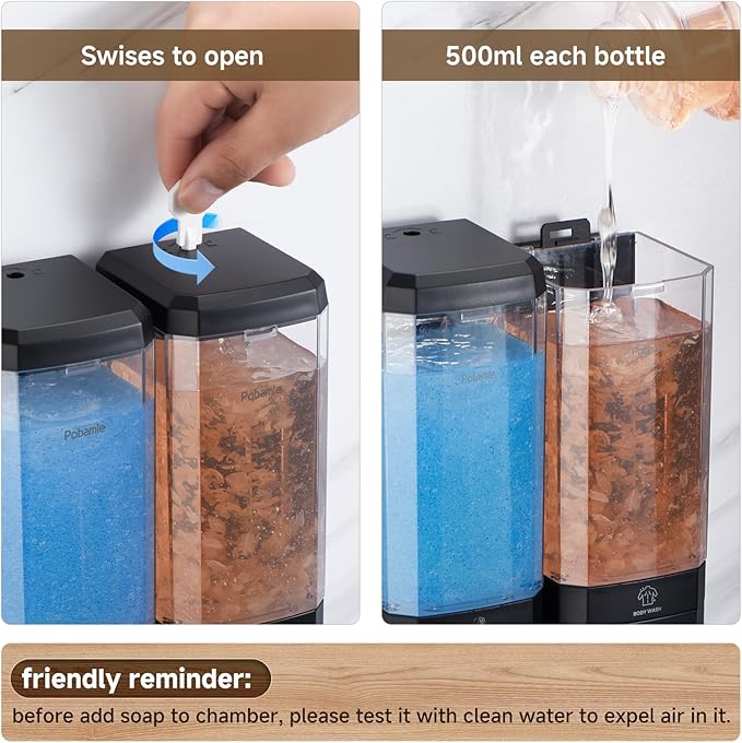 Shampoo and Conditioner Dispenser Wall Mounted, Shower Soap Dispenser No Drill Upadate Easy Slot Install, Shampoo Dispenser for Shower Bathroom Large Capacity 500ml * 2 Chamber Holder Black