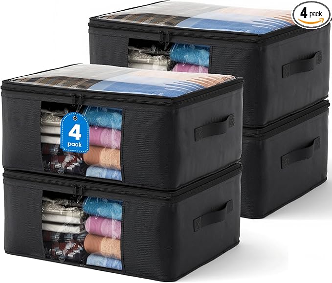 Clothes Storage Bags, Foldable Thick Fabric Blanket Storage Bags, Black, 4PACK