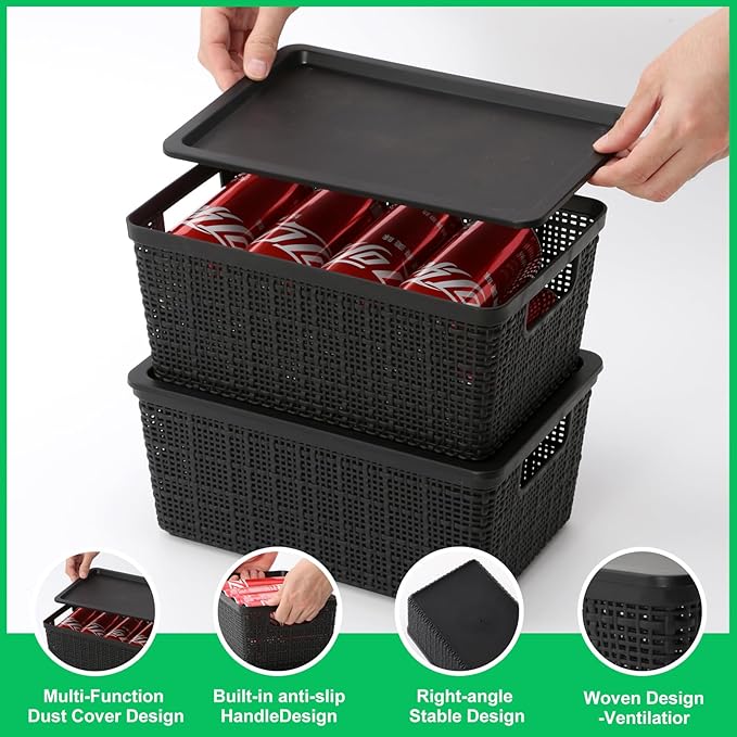 6 Pack Plastic Storage Baskets With Lids,Black Breathable Stackable Storage Bins,Small Storage Containers,for Organizing Storage Baskets on Desktops