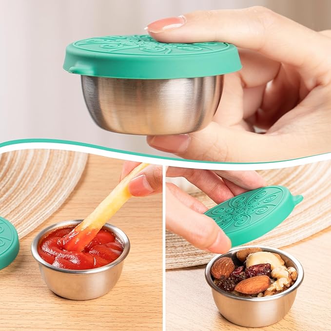 MICEBAY 8-Pack Salad Dressing Container To Go, 2-oz Silicone Small Condiment Squeeze Bottles and 1.6 oz Stainless Steel Sauce Containers Cups