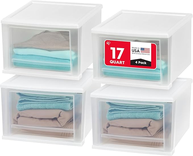 IRIS USA 17 Qt. Medium Plastic Stacking Drawer, Stackable Storage Organizer Unit with Sliding Drawer for Bedroom Kitchen Under Sink Pantry Craft Room Dorm Office, White, 4-Pack