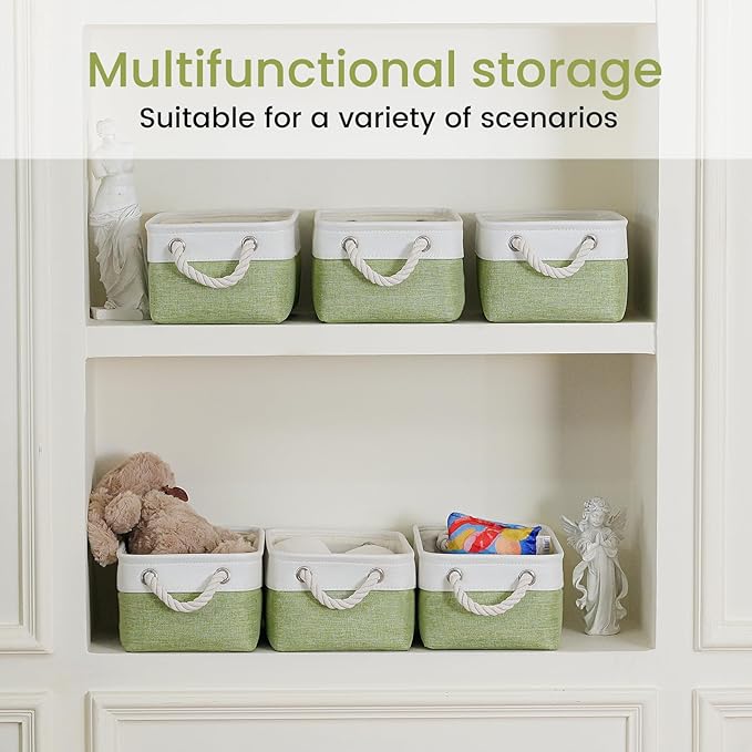 Storage Baskets for Shelves 11.8x7.9x5.2 Inch, Foldable Fabric Storage Bins with Handles, Small Storage Baskets for Organizing Closet, Office, Home Organization (3-Pack, White&Green)