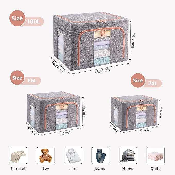 GuliPostan 3 Pack 100L Stackable Clothes Storage Bins with Metal Frame Handles & Zipper, Collapsible Closet Organizer Box with Lid for Bedding Blankets Towel (Grey)