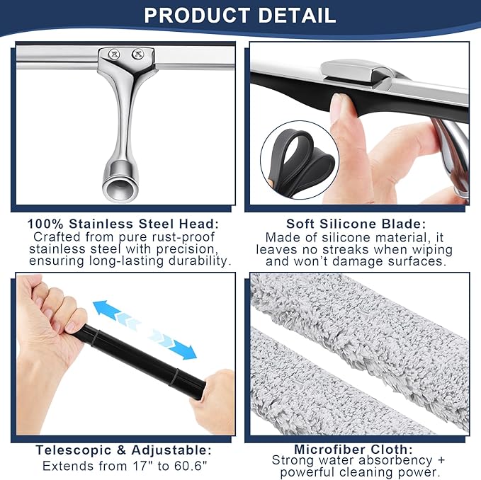 17'' - 60'' Metal Squeegee with Extension Pole for Window,Glass Door,Mirror, 12'' Wide Telescopic Shower Squeegee Cleaner with Long Handle