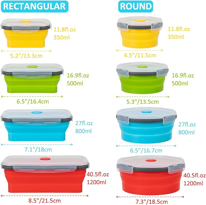 Collapsible Food Storage Containers with Lid & Air Vent, 8 Pack, 4 Rectangular + 4 Round