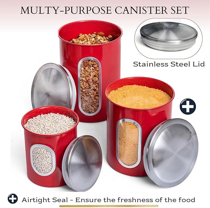 Mixpresso 3-Piece Red Canisters Sets For The Kitchen, Airtight Canister Set With See Through Window, Storage Jars for Coffee Container
