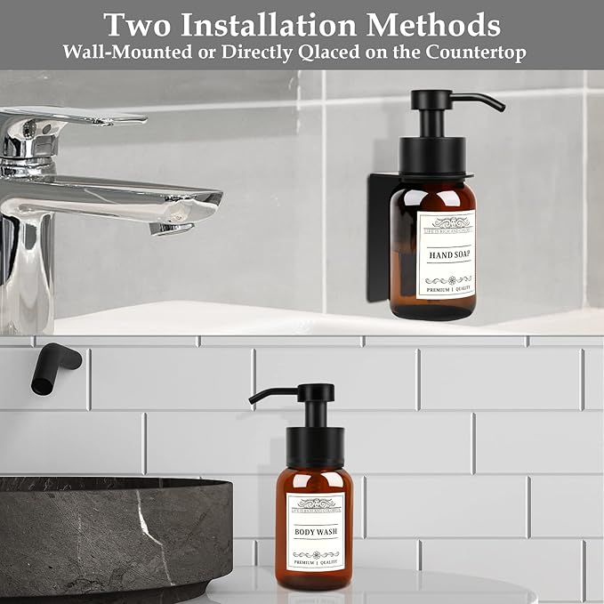 8.5oz Glass Soap Dispenser 2 Pack - Shampoo,Conditioner and Dish Soap Dispenser with Pump,Wall Mount Holder and Waterproof Labels for Kitchen and Bathroom (Brown)