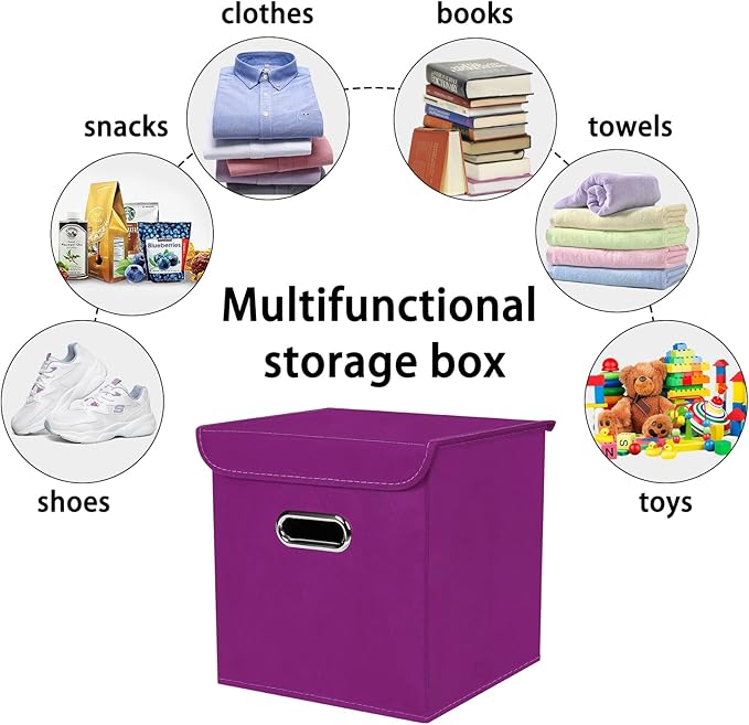 Closet Organizers Fabric Storage Bins With Lids Collapsible Cube Storage, Purple