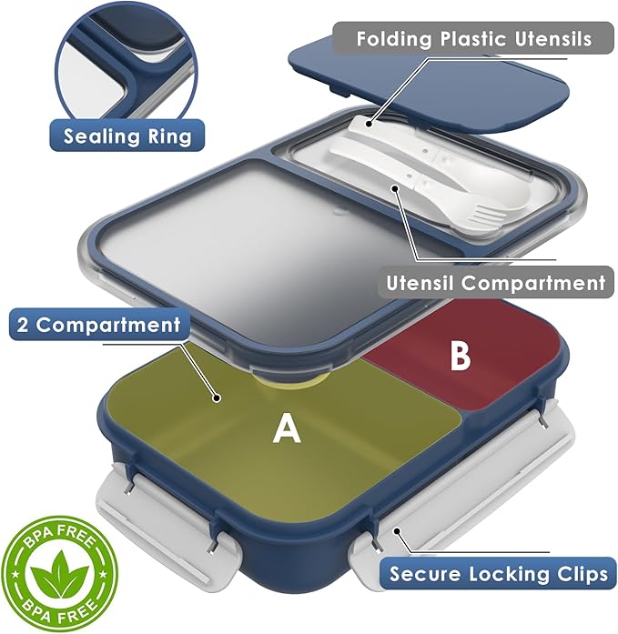 WHALEHOUSE Large Capacity Bento Lunch Box for Adult, 1600ML 2 Compartments Meal Prep Container with Utensil