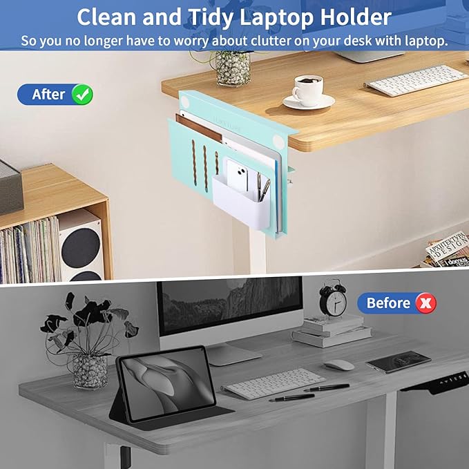 LUKETURE Desk Side Storage, Steel Side Desk Organizer, No Drill Laptop Holder, Clamp on Laptop Mount with Pen Holder, Table Hanging Storage for Home Office, Fits Flat Edge Tables 0.3" to 2.8"