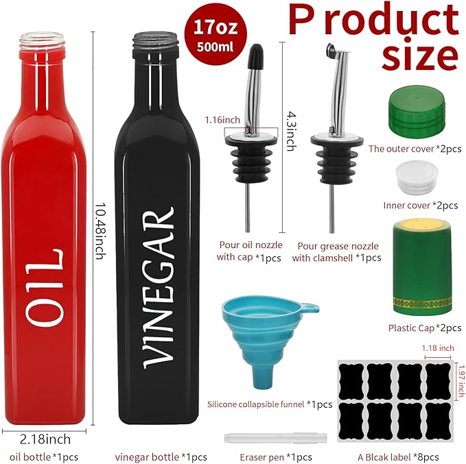 Olive Oil Dispenser Bottle,2 Pcs 17oz 500ml Glass O il and Vinegar Dispenser Set with 2 Stainless Steel Pourers, 8 Labels,Funnel Vinegar Bottles for Kitchen (Red Oil & Black Vinegar)