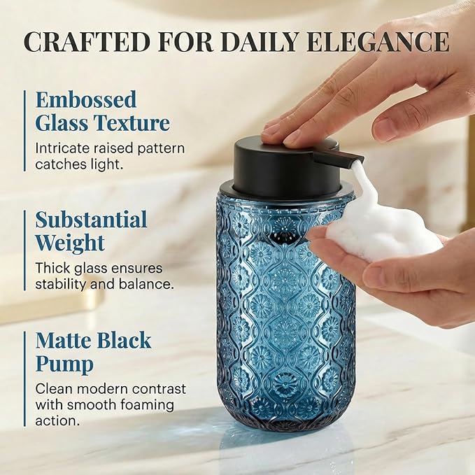 Blue Glass Foaming Hand Soap Dispenser with Matte Black Pump Thick Embossed Bottle Refillable for Bathroom and Kitchen Decor 13.5 oz