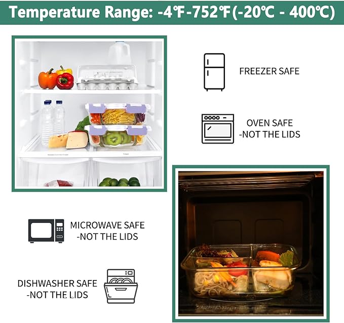 HOMBERKING 8 Pack Glass Meal Prep Containers 3 Compartment, 36oz Glass Food Storage Containers with Lids, Airtight Glass Lunch Bento Boxes