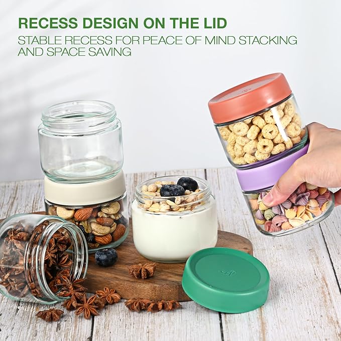 Hoa Kinh 9oz 12Pack Overnight Oats Jars with Lids, Leak Proof Small Jars for Overnight Oats, Cereal, Clear Empty Glass Jar with Lids for Kitchen(Red