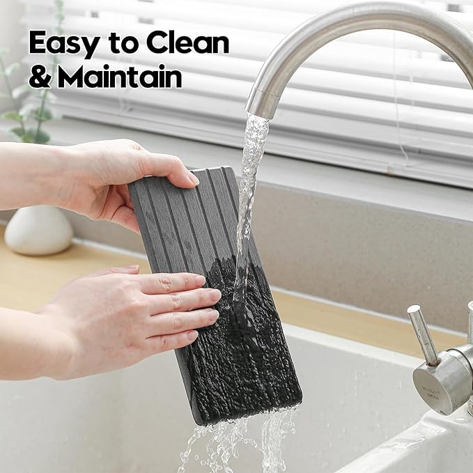 3 Pack Diatomite Stone Sink Tray, Water Absorbing Mat for Kitchen & Bathroom Counter, Quick Dry Soap Dish Makeup Vanity Caddy,Sponge Holder Organizer, Dark Gray 1pc of 8"x 3.8" and 2pcs of 3.8"x 3.8"