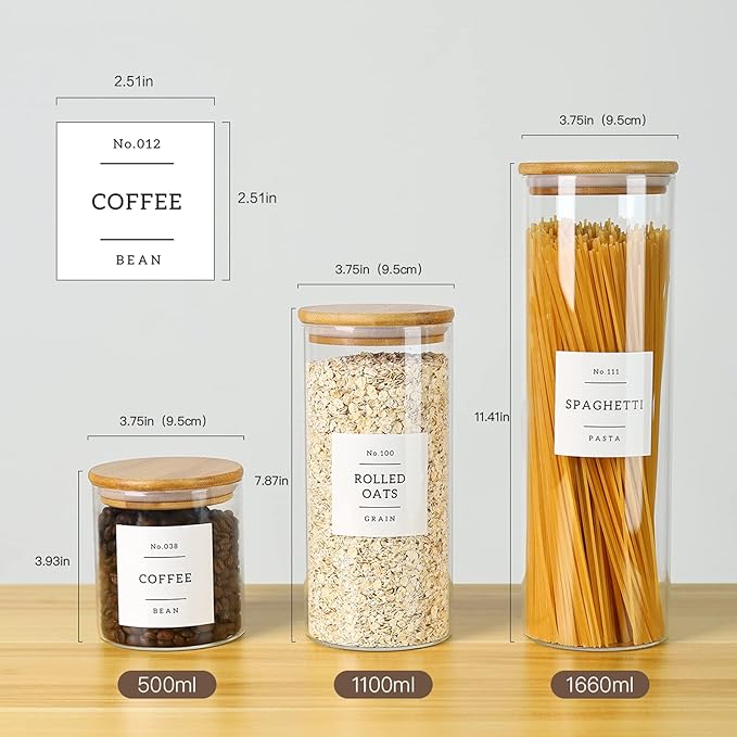 CZSZYGHBAO 5 Pack Glass Jars with Bamboo Airtight Lids - Stackable Food Storage Containers with 132 Pantry Labels - with Wood Lid for Candy, Cookie