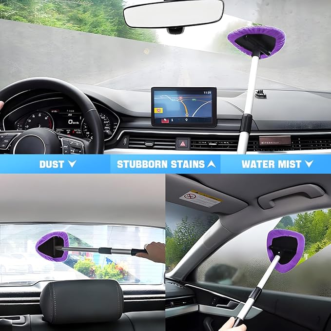 Windshield Cleaning Tool, Car Window Cleaner with Extendable Long Handle and 4 Washable Reusable Microfiber Pads