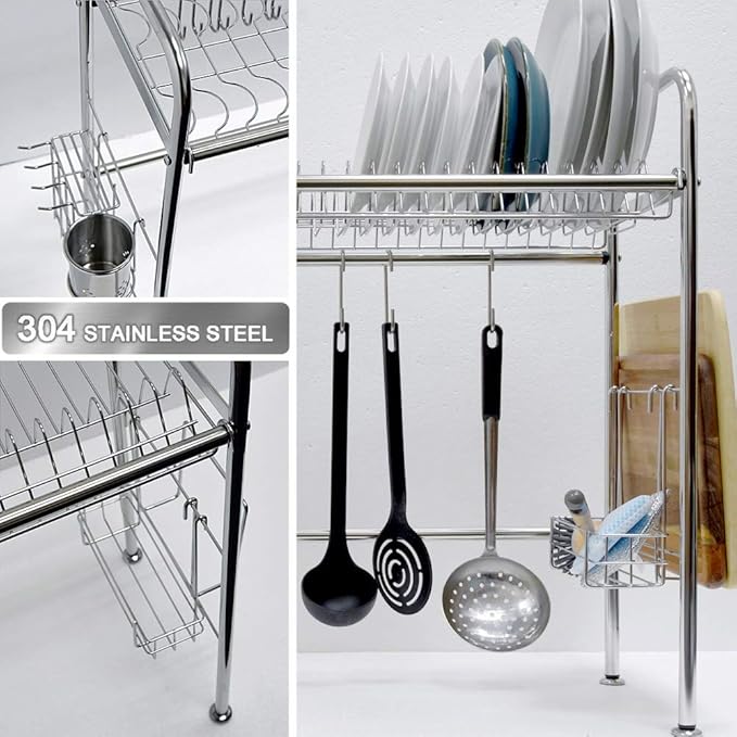 Single Layer Dish Drying Rack with Holders and Organizers - 304 Stainless Steel, Over Sink Kitchen Rack