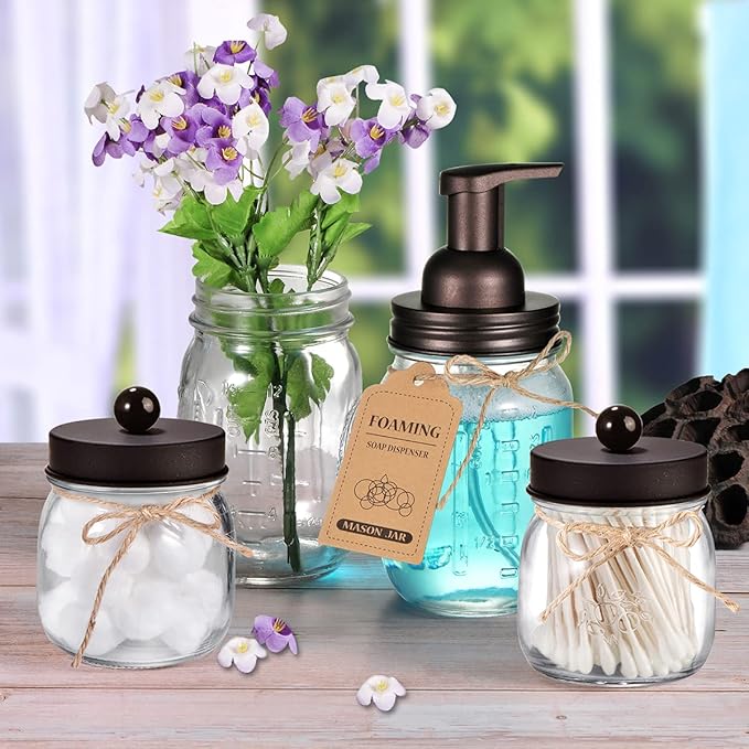 SheeChung Mason Jar Foaming Soap Dispenser-Rustproof Stainless Steel Lid & Foaming Soap Pump, Refill Foam Hand Soap Dispenser Glass for Bathroom Kitchen Vanities, Countertops-Bronze (2 pk)