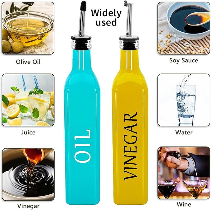 Olive Oil Dispenser Bottle,2 Pcs 17oz 500ml Glass O il and Vinegar Dispenser Set with 2 Stainless Steel Pourers, 8 Labels,Funnel Vinegar Bottles for Kitchen (Turquoise Oil & Yellow Vinegar)