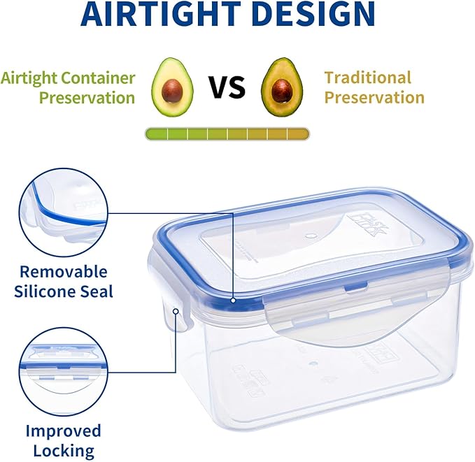 KIGI Food Storage Containers with Airtight Lids, Leak-Proof & Stackable, 4-Sided Locking lids, Ideal for Meal Prep, Snack, Fruit, Lunch & Leftovers