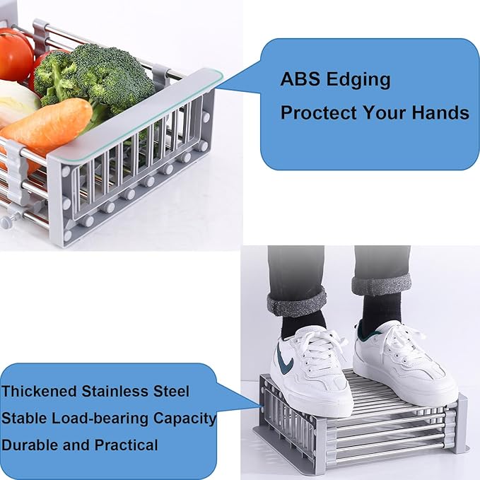 Aspasia Dish Drying Rack Grey, Adjustable Stainless Steel Drainer Basket Drain Tray for Dish Vegetable Fruit, On Counter Dish Rack or in Sink Over Sink Kitchen Basket Dish Drying Rack, Large