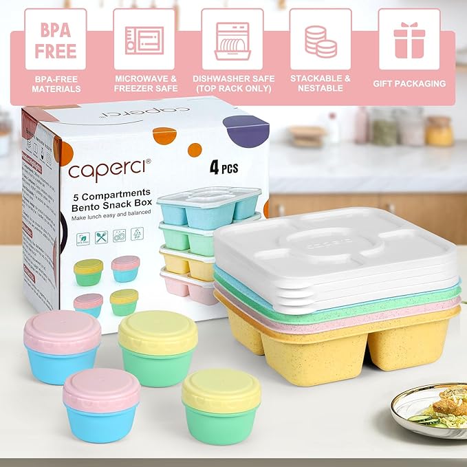 Caperci Original Lunchable Snack Containers for Kids & Adults - 5 Compartments Bento Snack Boxes with 4 Leakproof Small Containers, Wheat Straw