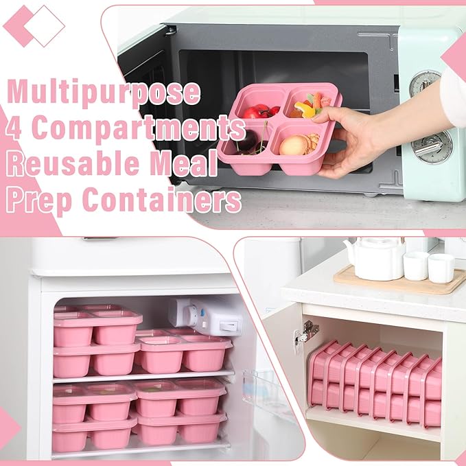 Ziliny 12 Pcs 4 Divided Compartments Snack Containers Bento Wheat Straw Snack Box with Lid Reusable Meal Prep Lunch Box Food Storage Containers for Adults Christmas Travel Work Gifts(Pink)