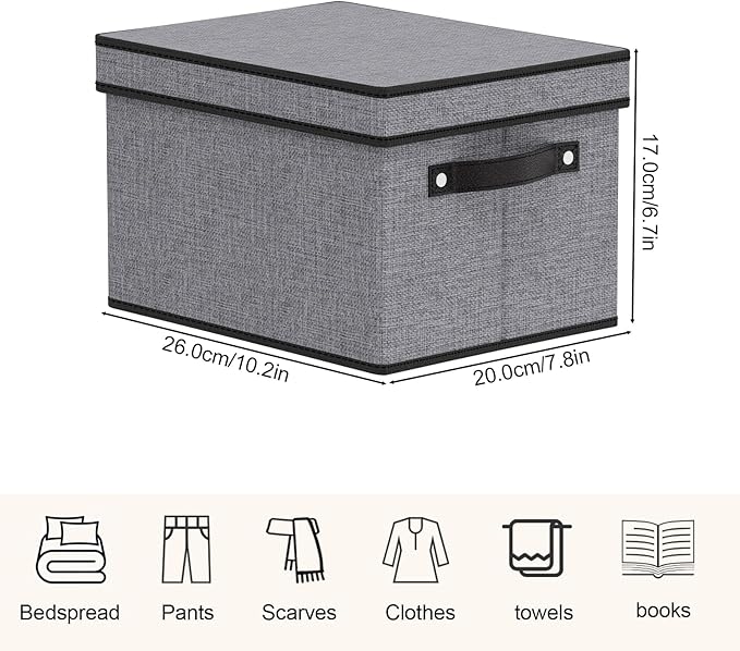 Fabric Storage Bin with Lid, 10.2×7.8×6.7 Inch Foldable Storage Box for Shelves with Handles, Decorative Linen Closet Organizer, Gray, 1-Pack
