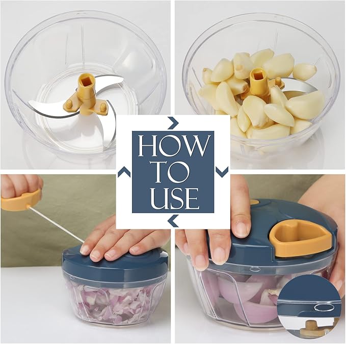 Ourokhome Manual Food Processor Vegetable Chopper, Portable Hand Pull String Garlic Mincer Onion Cutter for Vegetable, Ginger, Fruits, Nuts, Herbs, etc., 500ml, Deep Blue