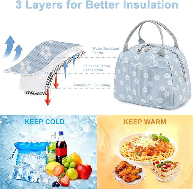 Bluboon Corduroy Lunch Bag - Large, Reusable Insulated Tote for Work/Picnic