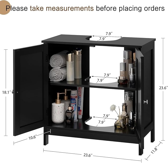 Iwell Pedestal Sink Storage Cabinet with 2 Doors and Shelf, Under Sink Cabinet, Bathroom Sink Cabinet with U-Shape, Black