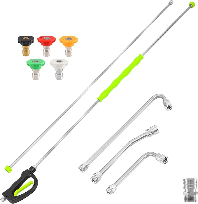 M MINGLE Pressure Washer Extension Wand 120 Inch, Stainless Steel Power Washer Lance with Threaded Connection, Custom Reverse Trigger Gun, 5 Nozzles, 30°/90°/120° Curved Rods, 4000 PSI