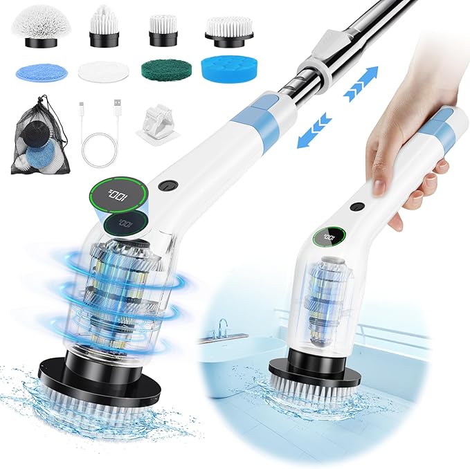 PUFTEM Electric Spin Scrubber, Cordless Shower Scrubber with 8 Scrub Brush, 2 Speed with Adjustable Extension Handle, Battery Level Display, Power Scrubber for Bathroom Bathtub Tile Floor, White
