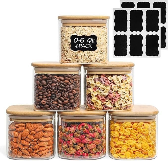 ComSaf 0.6 Qt Glass Food Storage Jars Set of 6, Clear Storage Containers with Airtight Lids, Pantry Organization Jar, Spice Jar, Blooming Tea