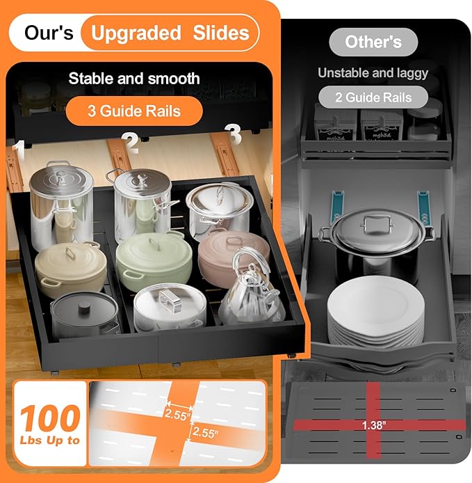 Pull out Cabinet Organizer Expandable W(12"-20") and D(16"-22"), No Drill Adjustable Slide Out Drawers With 3 Slide Rails, 2Pcs Magnetic Panel